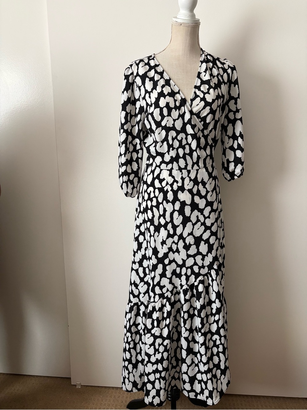 Bar III Black & White Printed Maxi Wrap Dress with Ruffle Hem